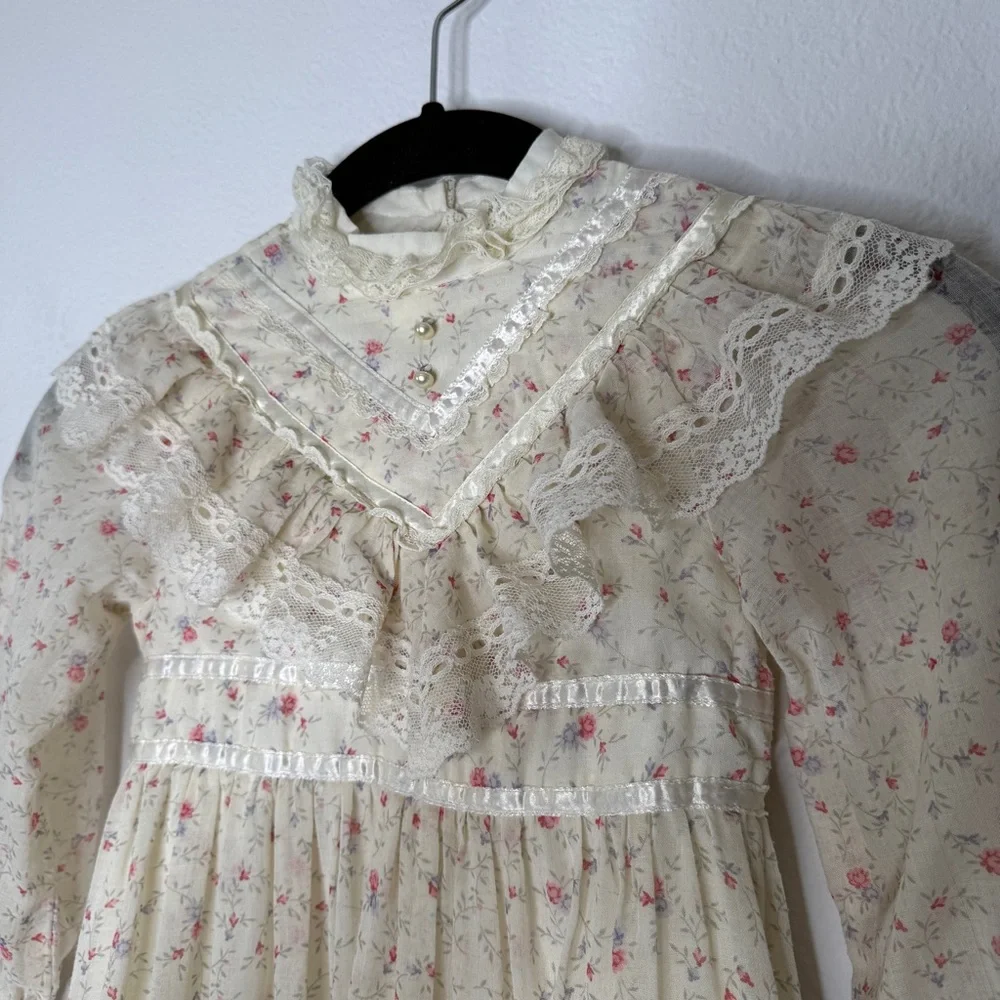 Gunne Sax Vintage Cream Floral Long Sleeve Lace Trim Prairie Dress Girls 5T